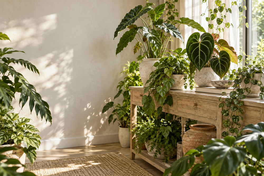 Sunlit tropical houseplants styled with natural wood and ceramic planters